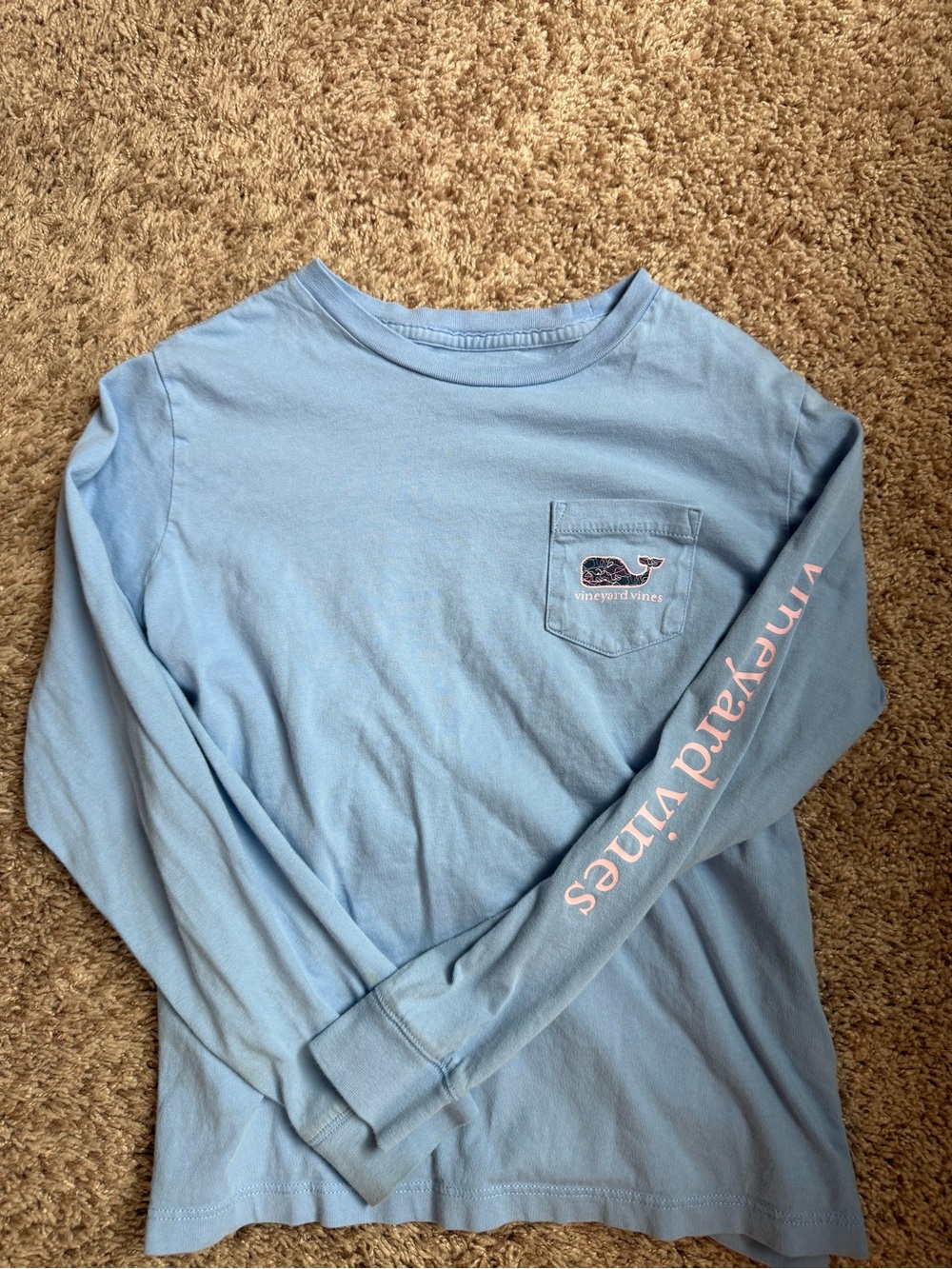 Vineyard Vines Light Blue Long-Sleeve Pocket Tee with Pink Sleeve Script